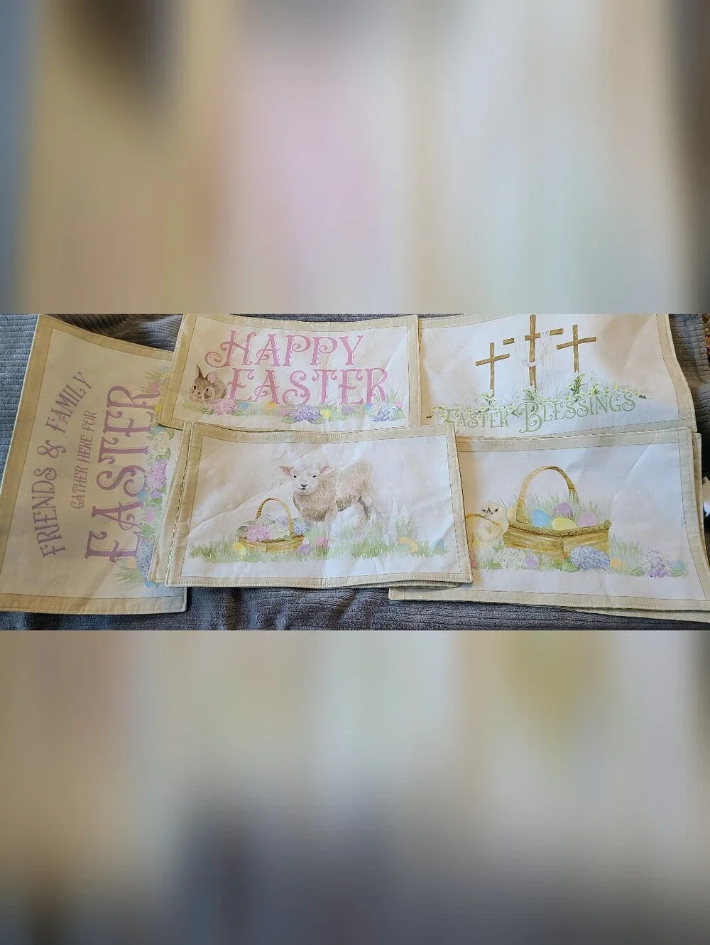 Set of 8 NEW Easter holiday cloth placemats beige/white w/green plaid back